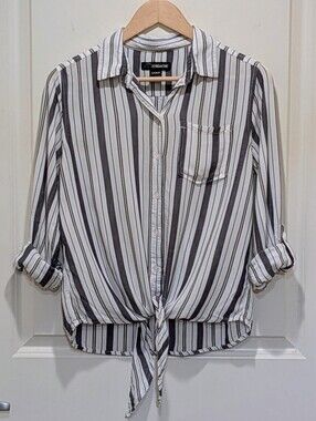EUC Jordache S 90s White and Blue Rayon Tie Front Striped Button Down Top